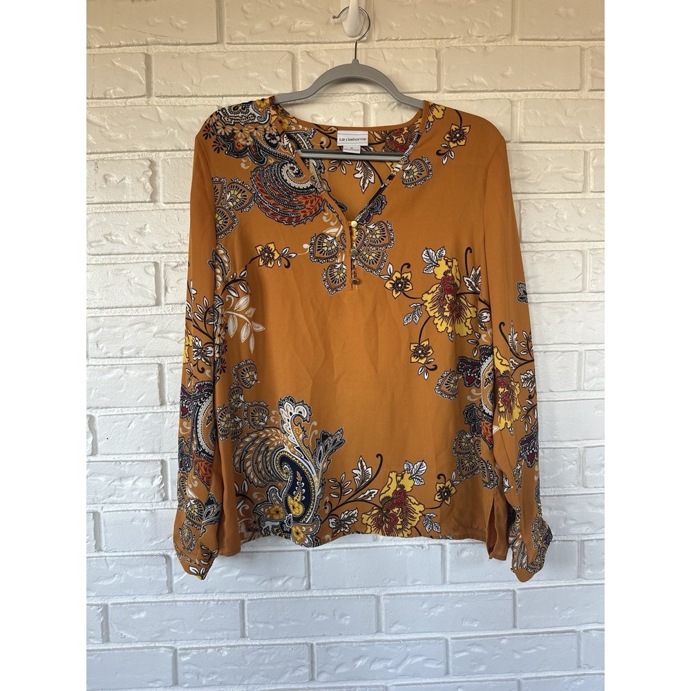 Liz Claiborne Mustard Paisley‎ Boho Blouse Flowy Long Sleeve Cottagecore Top M - Picture 10 of 10